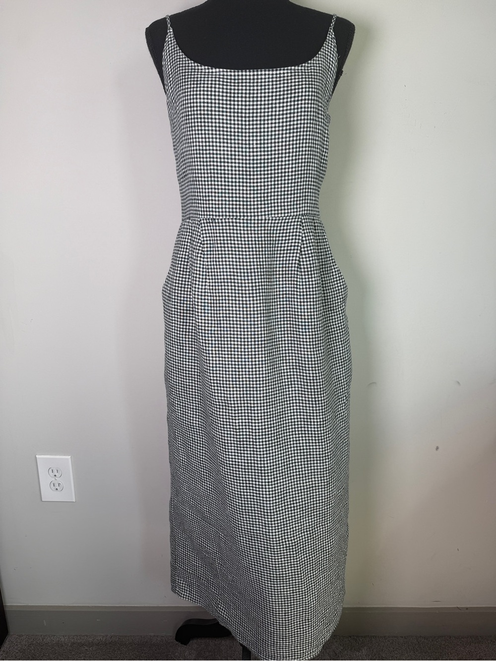 Quince European Linen Scoop Neck Black & White Gingham Midi Dress Sz S